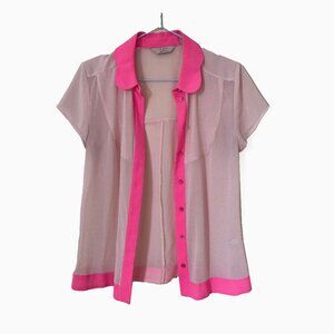 Vintage Ted Baker baby pink sheer blouse with neon pink collar and placket